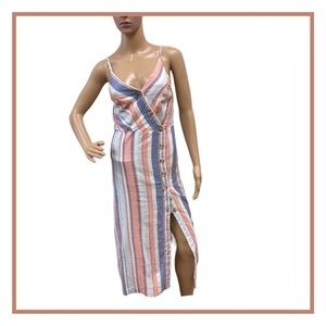 Sandy & Side Spaghetti Strap Button Up Dress - Pale Blue Red White